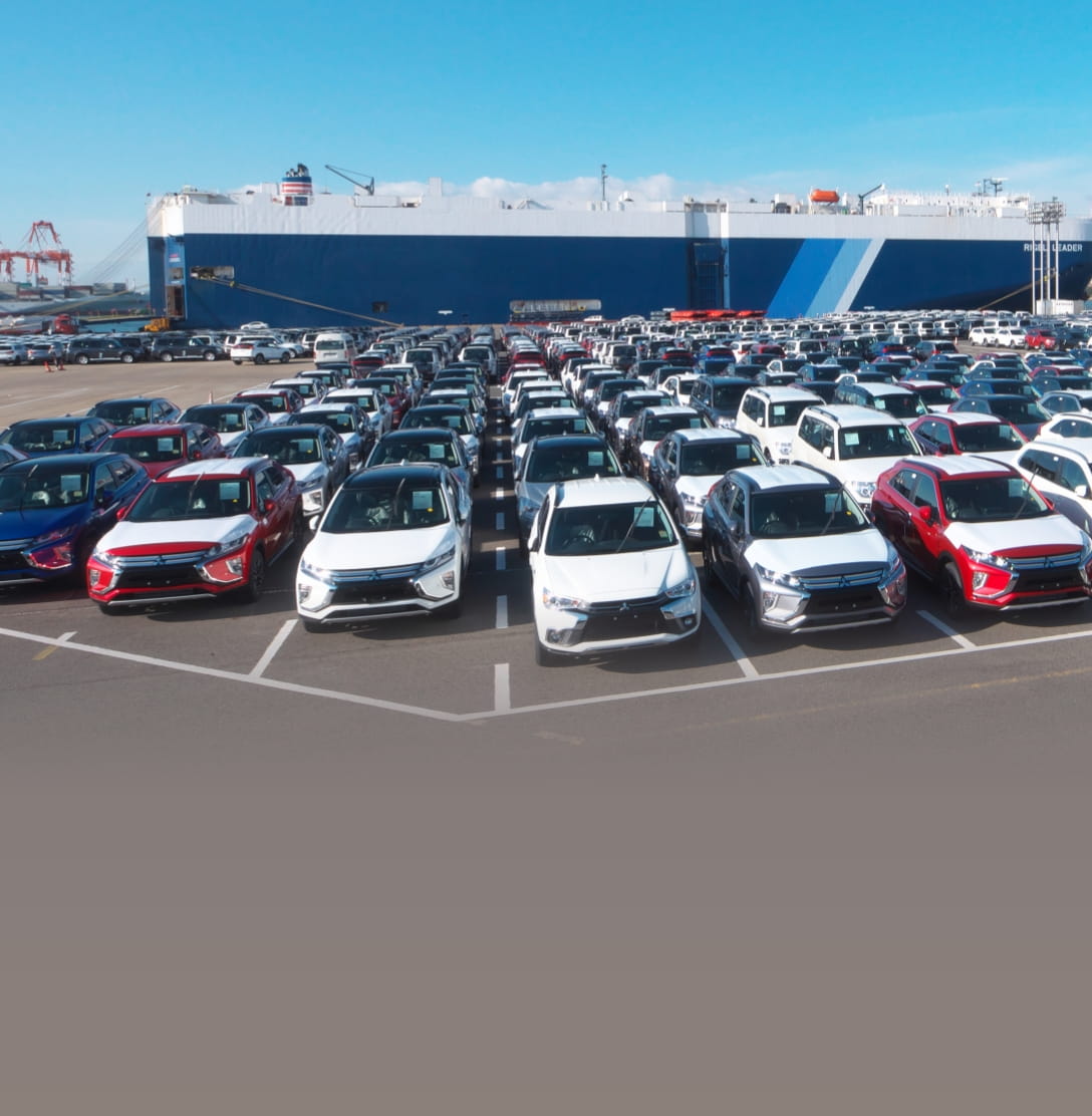 大型船の前に並ぶ車